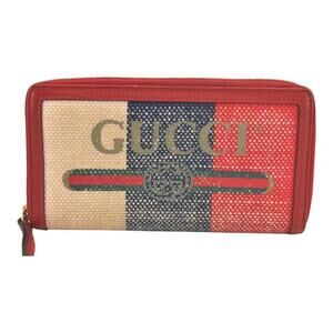 GUCCI Logo Print Long Wallet Purse Canvas Leather Red